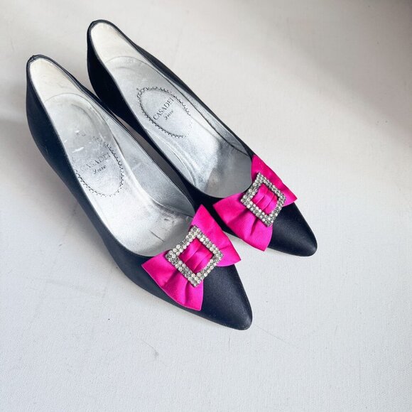 Casadei Luxe Vintage Satin Rhinestone Bow Black Pink Kitten Heels - Picture 3 of 12